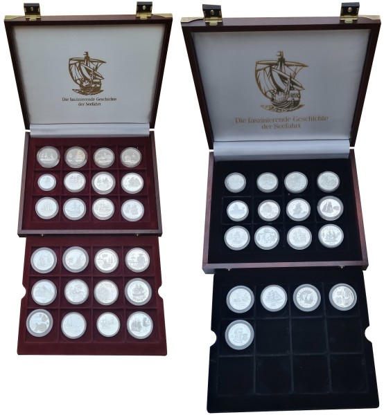 Münzsammlung: 41 Silbermünzen mit Schiffsmotiven aus diversen Länder in 2 Münzboxen
