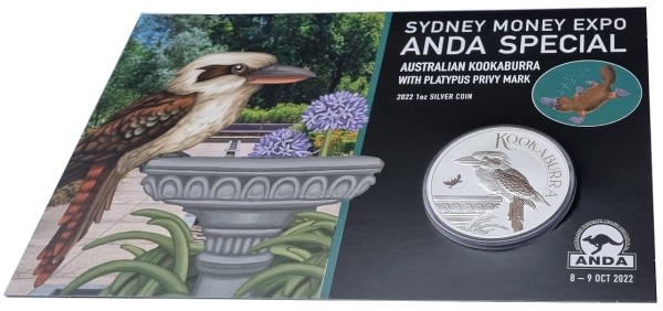Australien 1 Oz Silber Kookaburra 2022 Privy Platypus - Sydney Money Expo - Anda Special im Blister