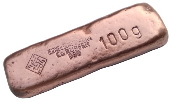 BeKo Edelmetalle 100 Gramm Kupferbarren 999 Feinkupfer (gegossen) - Vintage Steel (alte Form)