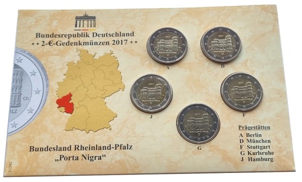 BRD: 5 x 2 Euro Münzen ADFGJ Porta Nigra 2017 im Folder