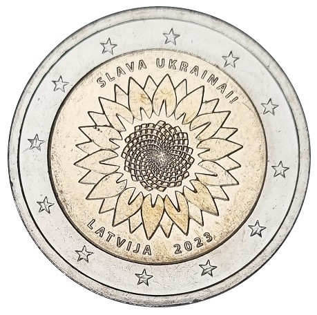 Lettland 2 Euro Münze Ukrainische Sonnenblume 2023 Bankfrisch in Münzkapsel