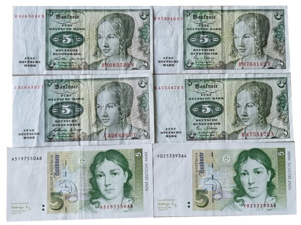 6 x 5 DM Banknoten - Geldscheine