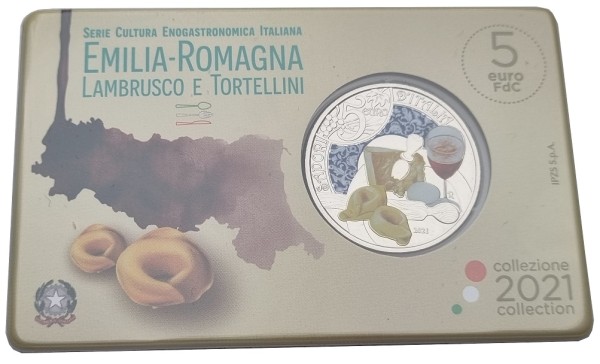 Italien 5 Euro Lambrusco & Tortellini 2021 in Coincard - Italiens Küchen- und Weinkultur