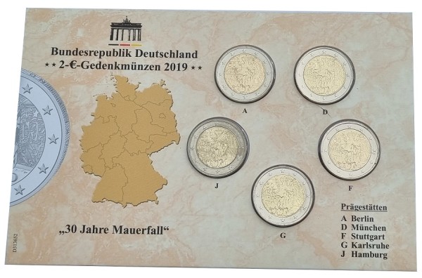 BRD: 5 x 2 Euro Münzen ADFGJ Mauerfall 2019 im Folder