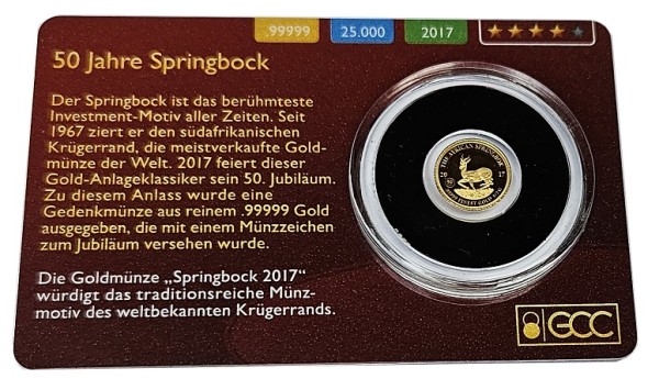 Gabun 0,5 gr Goldmünze 50 Jahre Springbock 2017 Prooflike im Blister