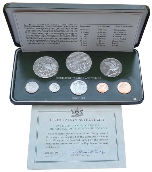 Trinidad and Tobago 1 Cent bis 10 Dollars Proof Set 1976 mit 2 Silbermünzen im Etui