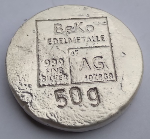 BeKo Edelmetalle 50 Gramm Silberbarren - Rundbarren 999 Feinsilber (gegossen) Sammlerbarren