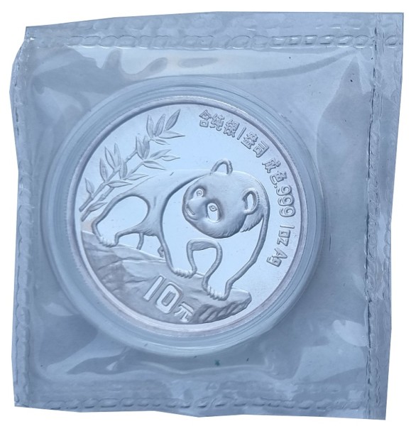 China 10 Yuan 1 Oz Silber Panda 1990 in Münzkapsel und Original Folie verschweist