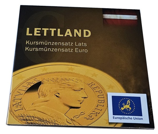 Europäische Kursmünzensätze in Premium Qualität - Lettland Euro/Lats vergoldet im Folder