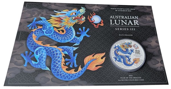 Australien 1 Oz Silber Lunar III Drache Farbe Blau 2024 - Perth Stamp & Coin Show im Blister