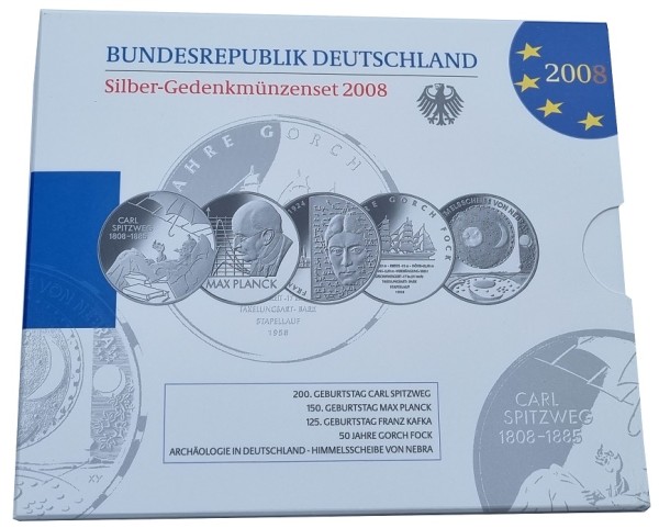 5 x 10 Euro Silber Gedenkmünzenset Deutschland 2008 Spiegelglanz im Folder
