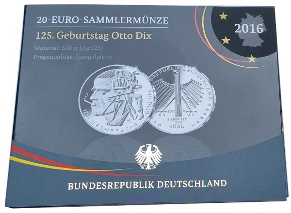 20 Euro Silber 125. Geburtstag Otto Dix 2016 PP Spiegelglanz Blister