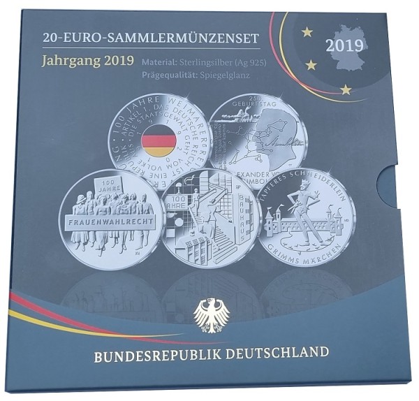 5 x 20 Euro Silber Gedenkmünzenset 2019 Deutschland Spiegelglanz im Folder