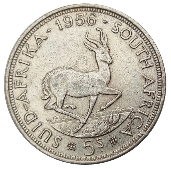 Südafrika 5 Shilling Silbermünze Springbock 1956 - Queen Elizabeth II