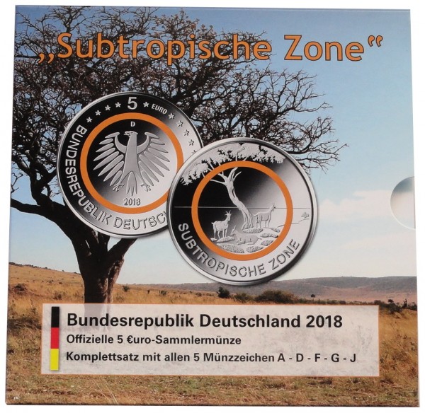 BRD: 5 x 5 Euro Subtropische Zone 2018 ADFGJ Stempelglanz im Blister