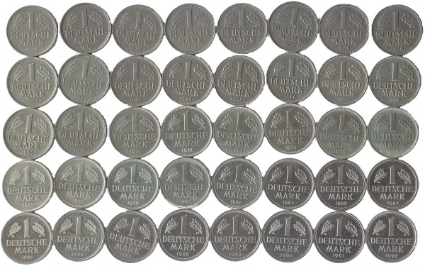 40 DM Umlaufmünzen 40 x 1 Deutsche Mark - Prägejahre 1950 bis 1992