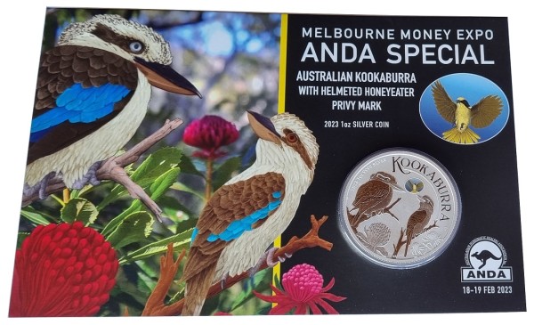 Australien 1 Oz Silber Kookaburra 2023 Privy Honigfresser Melbourne Money Expo Anda Special Blister