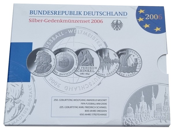 5 x 10 Euro Silber Gedenkmünzenset Deutschland 2006 Spiegelglanz im Folder