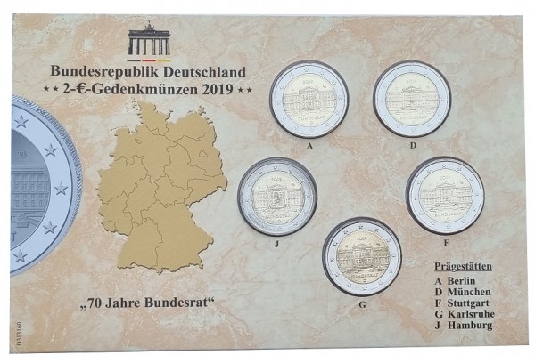 BRD: 5 x 2 Euro Münzen ADFGJ Bundesrat 2019 im Folder