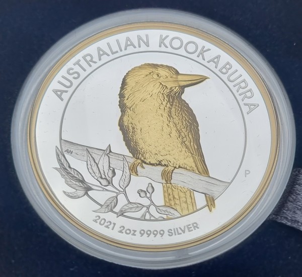 Australien 2 Oz Silber - Kookaburra 2021 High Relief teilvergoldet