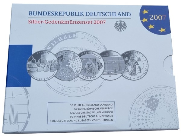 5 x 10 Euro Silber Gedenkmünzenset Deutschland 2007 Spiegelglanz im Folder