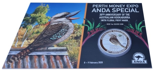 Australien 1 Oz Silber Kookaburra 2020 Privy Känguru Blume - Perth Money Expo *Anda Special* Blister