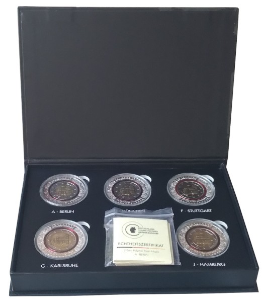 BRD: 5 x 2 Euro Münzen ADFGJ Porta Nigra 2017 im Polymerring mit Etui u. Echtheits - Zertifikate