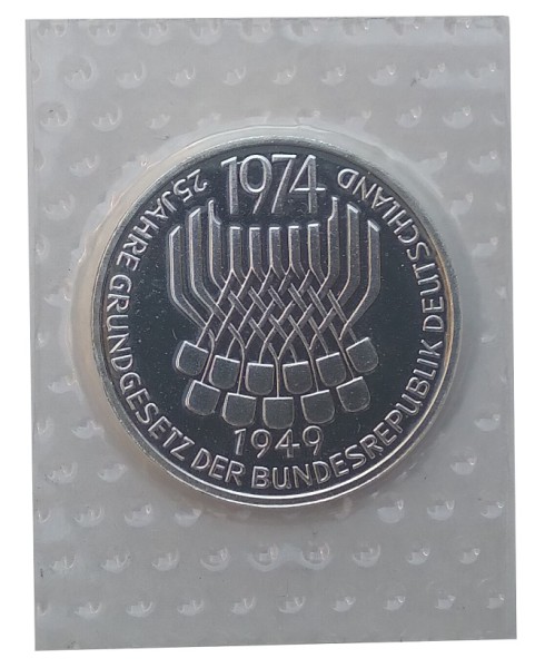 BRD: 5 DM Silber Gedenkmünze 25 Jahre Grundgesetz 1974 F Polierte Platte Folie verschweist
