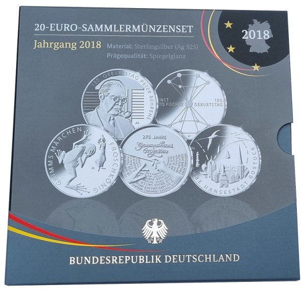 5 x 20 Euro Silber Gedenkmünzenset 2018 Deutschland Spiegelglanz im Folder