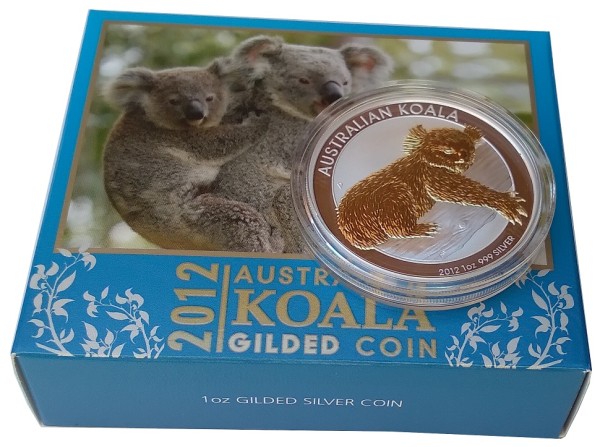 Australien 1 Oz Silber Koala 2012 vergoldet Gilded im Etui