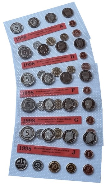 BRD 5 x 12,68 DM Kursmünzensatz ADFGJ 1998 - Original Noppenfolie