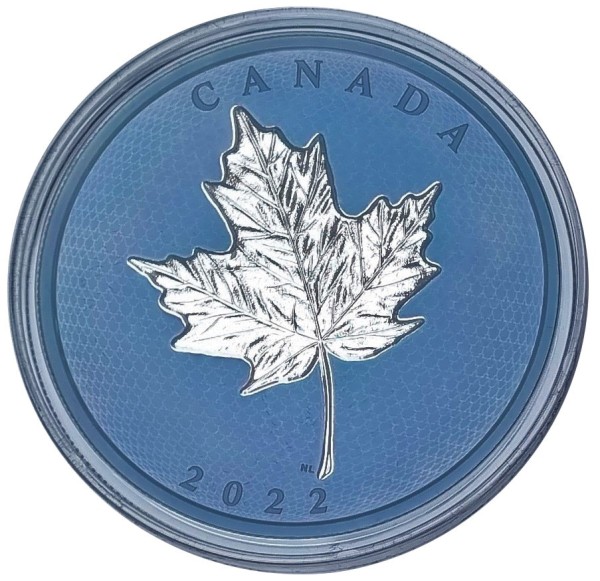 Canada 5 Oz Silber Maple Leaf 2022 mit Blue Rhodium veredelt Polierte Platte nur 1.500 Stück!
