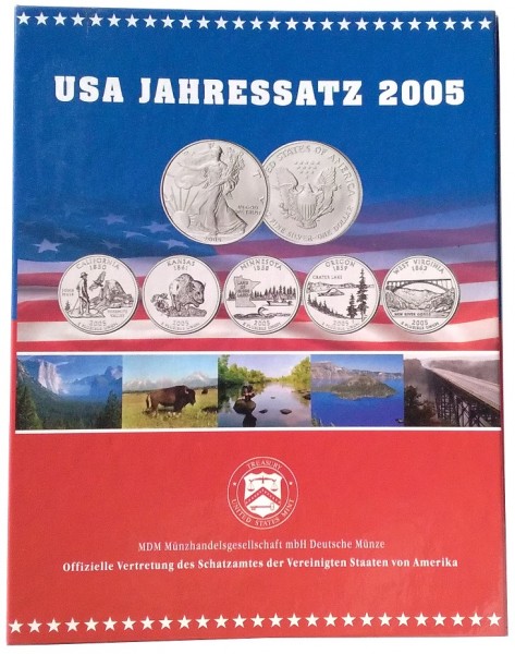 USA Jahressatz 2005 - 1 Oz Silber Eagle + 5 x Quarter Dollar im MDM Folder