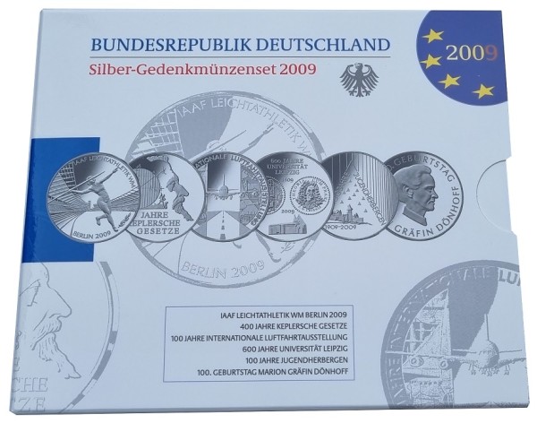 6 x 10 Euro Silber Gedenkmünzenset Deutschland 2009 Spiegelglanz im Folder