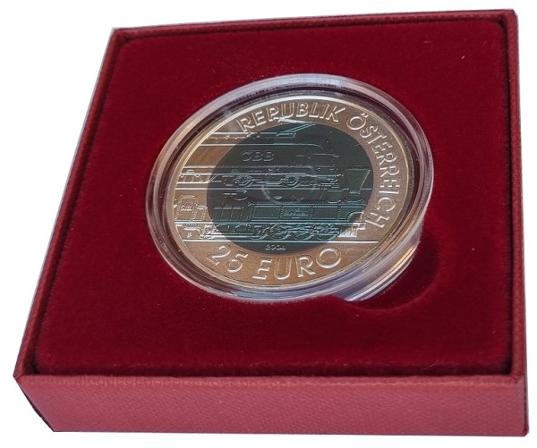 Österreich 25 Euro Silber Niob Münze 150 Jahre Semmeringbahn 2004 Handgehoben