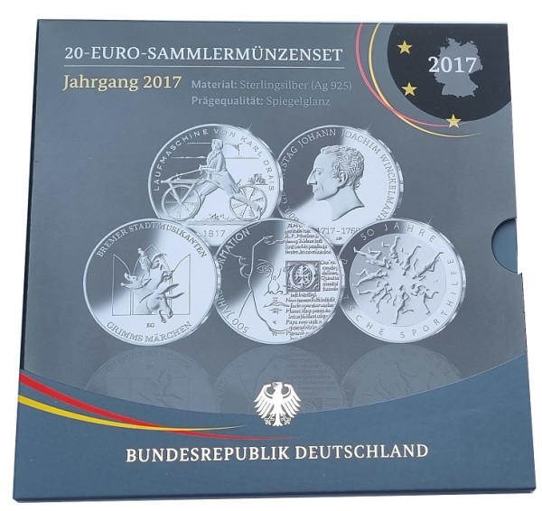 5 x 20 Euro Silber Gedenkmünzenset 2017 Deutschland Spiegelglanz im Folder
