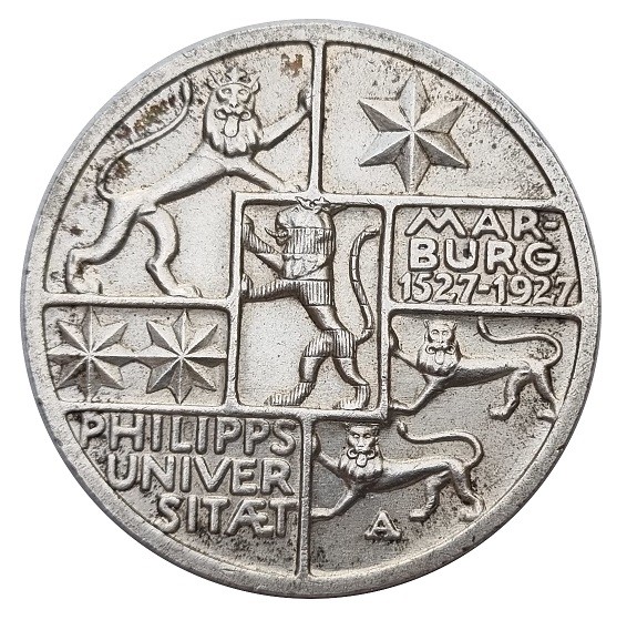 Deutsches Reich 3 Reichsmark Silber 400 Jahre Universität Marburg 1927 A