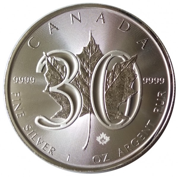 1 Oz Silber Maple Leaf 2018 Canada 5 Dollars Anlagemünze - 30 Jahre Maple Leaf Jubiläumsausgabe