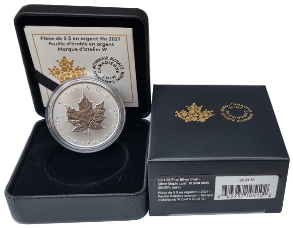 Canada 1 Oz Silber Maple Leaf 2021 - Mint Mark W Stempelglanz