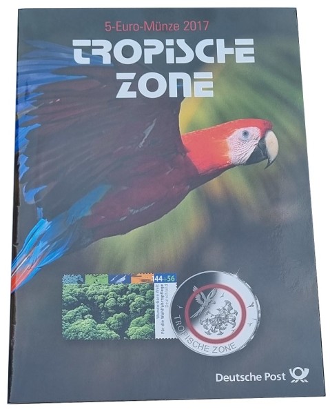BRD: Numiskarte 5 x 5 Euro Tropische Zone 2017 ADFGJ Stempelglanz im Blister - Postausgabe mit Brief