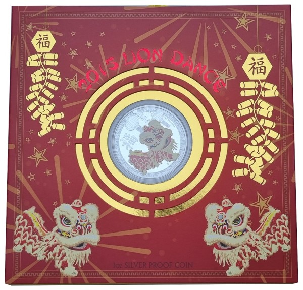 Australien 1 Oz Silber Chinesischer Löwentanz Farbe 2015 Polierte Platte im Blister