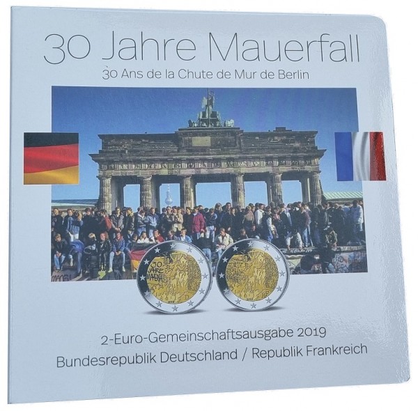 BRD/Frankreich: 6 x 2 Euro Münzen ADFGJ Mauerfall 2019 Gemeinschaftsausgabe im Folder