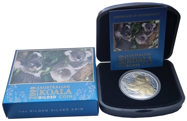 Australien 1 Oz Silber Koala 2009 vergoldet Gilded im Etui