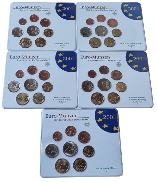 BRD: 5 x 3,88 Euro Kursmünzensatz ADFGJ 2003 Stempelglanz - Original Blisterverpackung