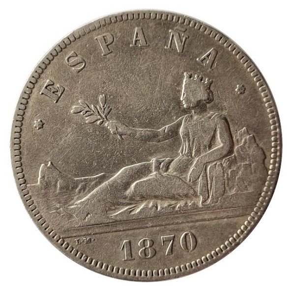 Republik Spanien 5 Pesetas Silbermünze 1870