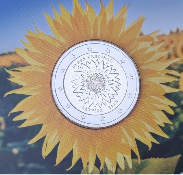Lettland 2 Euro Münze Ukrainische Sonnenblume 2023 BU - Brilliant Unzirkuliert im Blister