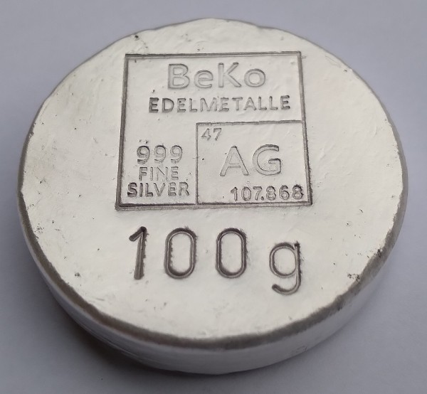 BeKo Edelmetalle 100 Gramm Silberbarren - Rundbarren 999 Feinsilber (gegossen) Sammlerbarren