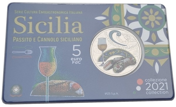Italien 5 Euro Passito & Cannolo 2021 in Coincard - Italiens Küchen- und Weinkultur
