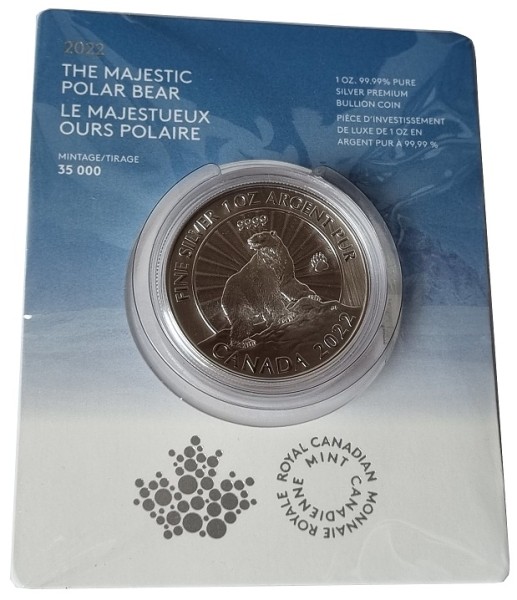 Canada 5 Dollars 1 Oz Silber Polarbär (Eisbär) 2022 im Blister - Premium Anlagemünze