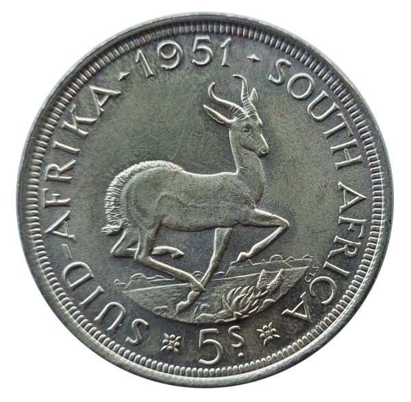 Südafrika 5 Shilling Silbermünze Springbock 1951 - König George VI